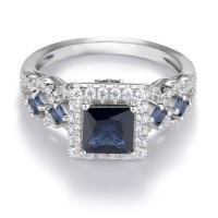 Princess Cut Blue Sapphire Sterling Silver Halo Engagement Ring