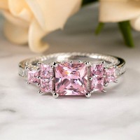 Princess Cut Pink Sapphire 925 Sterling Silver 3-Stone Engagement Ring