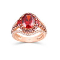 Rose Gold Oval Cut Ruby Sterling Silver Three Stone Engagement Ring
