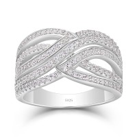 Round Cut White Sapphire 925 Sterling Silver Wave Women's Band