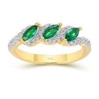 Gold Marquise Cut Emerald 925 Sterling Silver 3-Stone Engagement Ring