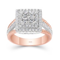Rose Gold Princess Cut White Sapphire 925 Sterling Silver Halo Engagement Ring