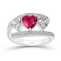 Heart Cut Ruby 925 Sterling Silver 3-Stone Engagement Ring
