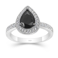 Pear Cut Black Sapphire 925 Sterling Silver Halo Engagement Ring