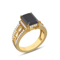 Yellow Gold Radiant Cut Black Sapphire 925 Sterling Silver Horseshoe Engagement Ring