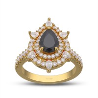 Yellow Gold Pear Cut Black Sapphire 925 Sterling Silver Double Halo Engagement Ring