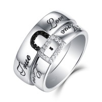 "True Love" Lock White and Black Sapphire s925 Silver Couple Rings