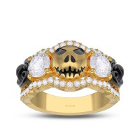 Yellow Gold Halloween White Sapphire 925 Sterling Silver Floral Skull Ring
