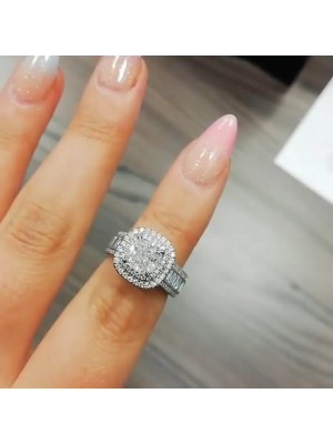 Cushion Cut White Sapphire Sterling Silver Double Halo Engagement
