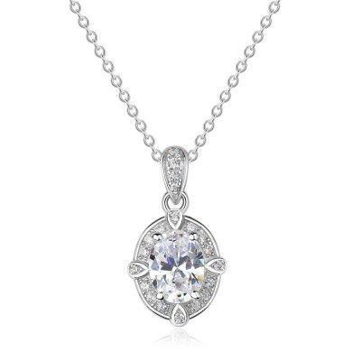 Oval Cut White Sapphire Sterling Silver Halo Pendant Necklace