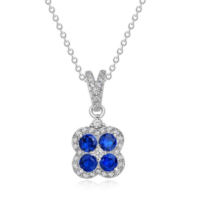 Round Cut Blue Sapphire Sterling Silver Clover Necklace