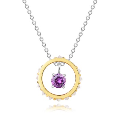 Yellow Gold Floating Round Amethyst 925 Sterling Silver Circle of Life Pendant Necklace