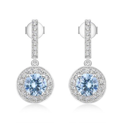 Round Cut Aquamarine 925 Sterling Silver Halo Drop Earrings