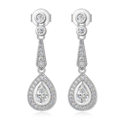 Pear Cut White Sapphire 925 Sterling Silver Halo Drop Earrings