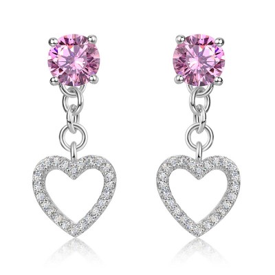 Round Cut Pink Sapphire Sterling Silver Heart Drop Earrings