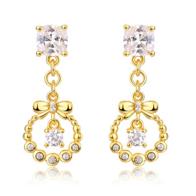 Gold Cushion Cut White Sapphire Sterling Silver Bowknot Drop Earrings
