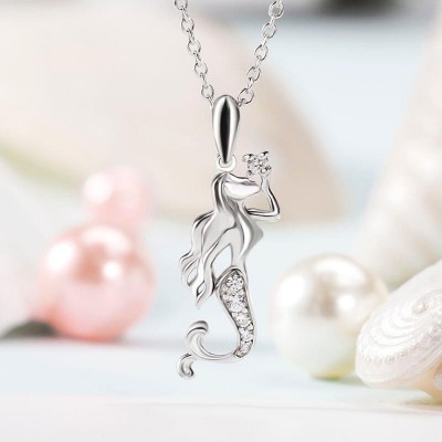 Women's Sterling Silver Mermaid Necklace with White Sapphire Studded