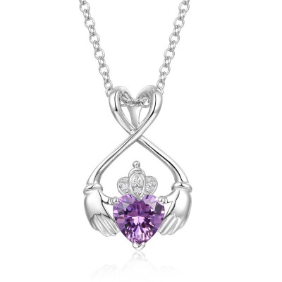 Heart Cut Amethyst "Forever Love" Claddagh 925 Sterling Silver Necklace