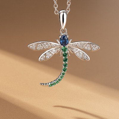 Dainty Blue Sapphire & Emerald 925 Sterling Silver Dragonfly Necklace