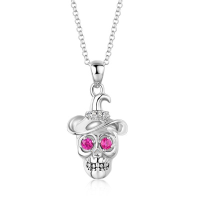 Round Cut Garnet Eye Devil Skull Sterling Silver Necklace