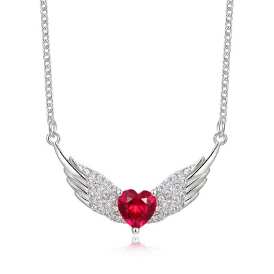 Heart Cut Ruby Angel Wing 925 Sterling Silver Necklace 