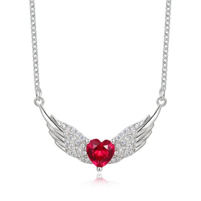 Heart Cut Ruby Angel Wing 925 Sterling Silver Necklace 