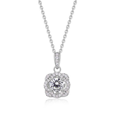 Round Cut White Sapphire Flower Inspired Sterling Silver Necklace