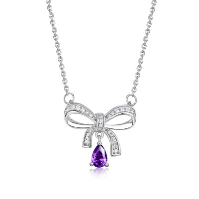 Pear Cut Amethyst Ribbon Bow 925 Sterling Silver Necklace