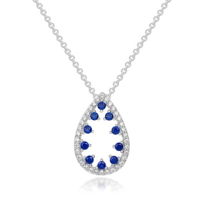 Round Cut Blue Sapphire Sterling Silver Teardrop Necklace