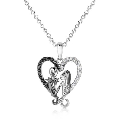 "Two Souls One Heart" Skull Couple Sterling Silver Heart Necklace