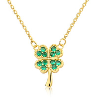 Gold Round Cut Emerald Sterling Silver Clover Necklace