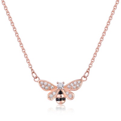 Rose Gold Round Cut White and Black Sapphire 925 Sterling Silver Bee Necklace