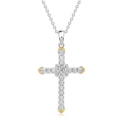 Round Cut White Sapphire 925 Sterling Silver Cross Necklace