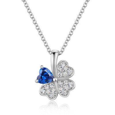Heart Cut Blue Sapphire 925 Sterling Silver Clover Necklace