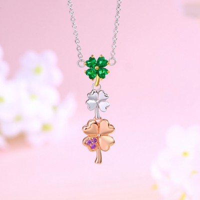 Delicate 925 Sterling Silver Tricolor Clover Family Tree Necklace