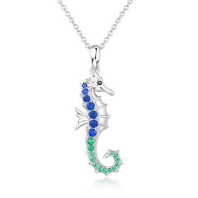 Dainty Blue Sapphire and Emerald 925 Sterling Silver Seahorse Necklace