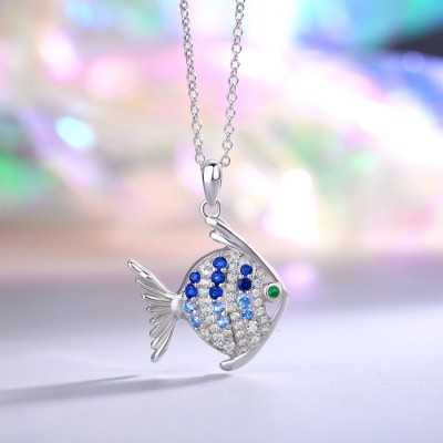Lovely Blue Sapphire and Aquamarine 925 Sterling Silver Fish Necklace