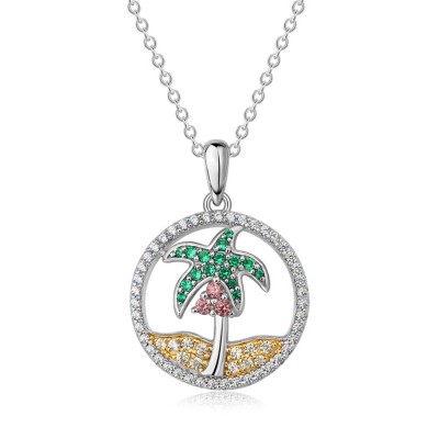 Delicate Round Cut 925 Sterling Silver Coconut Tree Beach Necklace 