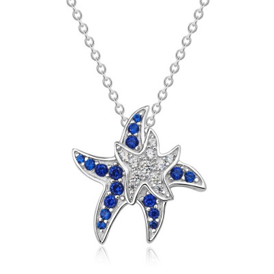 Lovely Round Cut Blue and White Sapphire 925 Sterling Silver Starfish Necklace 
