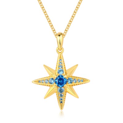 Yellow Gold Round Cut Aquamarine 925 Sterling Silver Star Necklace