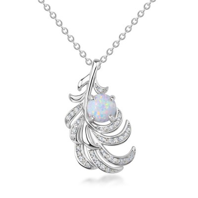 Delicate Round Cut Feather Opal 925 Sterling Silver Necklace