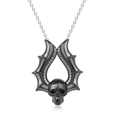 Halloween Black Wing Skull 925 Sterling Silver Necklace