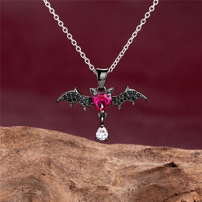 Halloween Heart Cut Ruby Sterling Silver Bat Necklace