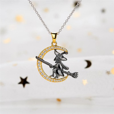 Halloween Witch Flying On Broom Sterling Silver Necklace