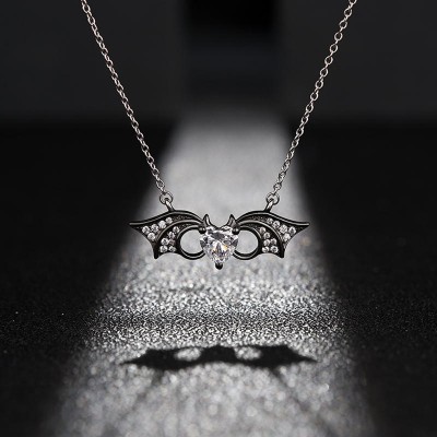 Halloween Heart Cut White Sapphire 925 Sterling Silver Bat Necklace