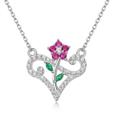 Round Cut Sterling Silver Heart Shape Flower Necklace