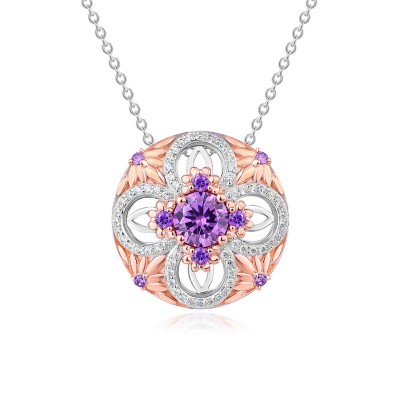 Round  Vintage Rose Gold Two-Tone Amethyst 925 Sterling Silver Flower Necklace