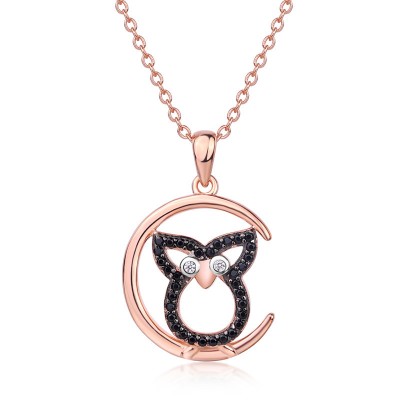 Rose Gold Round Cut Black Sapphire 925 Sterling Silver Owl Necklace