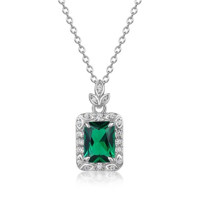 Vintage Radiant Cut Emerald 925 Sterling Silver Halo Necklace