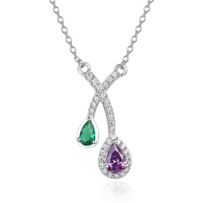 Pear Cut Amethyst and Emerald Toi et Moi 925 Sterling Silver Necklace